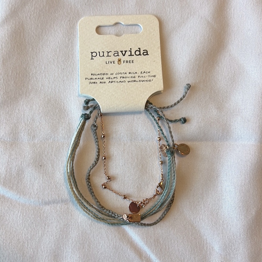 Pura Vida 3 Bracelet Monthly Pack Cream Rose gold blue crystal Charm NWT